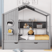 Full Size Wooden House Bed with Trundle & Storage Shelves – Kids Playhouse Bed Frame with Solid Pine Structure