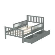 Twin Size Wood Platform Bed with Guardrails on Both Sides and Two Storage Drawers – Safe & Functional Kids Platform Bed Frame with Solid Wood Structure