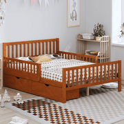 Full Size Wood Platform Bed with Guardrails on Both Sides and Two Storage Drawers – Secure & Spacious Solid Wood Platform Bed Frame