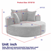 Product size dimension blueprint for 55 by 55 by 35 inch oversized single swivel sleeper chair showing unit in inch.