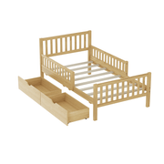 Twin Size Wood Platform Bed with Guardrails on Both Sides and Two Storage Drawers – Safe & Functional Kids Platform Bed Frame with Solid Wood Structure