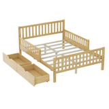 Full Size Wood Platform Bed with Guardrails on Both Sides and Two Storage Drawers – Secure & Spacious Solid Wood Platform Bed Frame