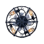 Close up of a heavy duty matte black iron art cage enclosing clear ABS ceiling fan blades.