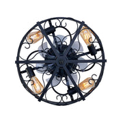 Close up of a heavy duty matte black iron art cage enclosing clear ABS ceiling fan blades.