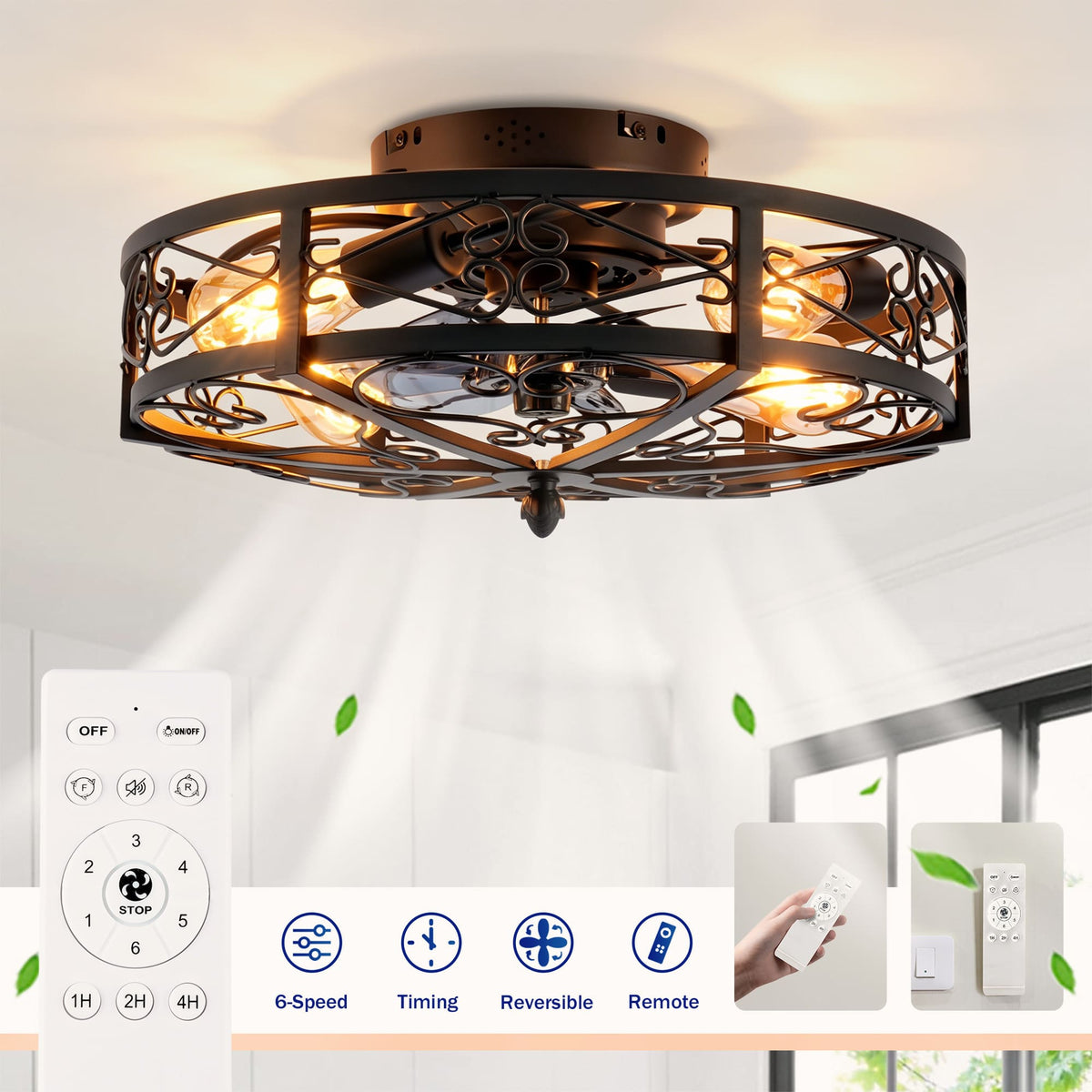 Classic American design flush mount ceiling fan with iron art cage and remote control over a dining table.