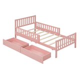 Twin Size Wood Platform Bed with Guardrails on Both Sides and Two Storage Drawers – Safe & Functional Kids Platform Bed Frame with Solid Wood Structure