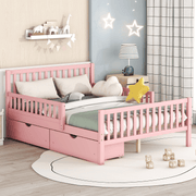 Full Size Wood Platform Bed with Guardrails on Both Sides and Two Storage Drawers – Secure & Spacious Solid Wood Platform Bed Frame
