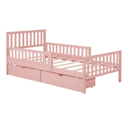 Twin Size Wood Platform Bed with Guardrails on Both Sides and Two Storage Drawers – Safe & Functional Kids Platform Bed Frame with Solid Wood Structure