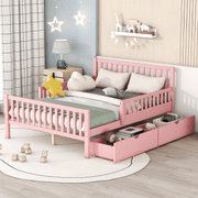 Full Size Wood Platform Bed with Guardrails on Both Sides and Two Storage Drawers – Secure & Spacious Solid Wood Platform Bed Frame