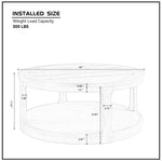 Dimensional specification diagram of a large circle coffee table detailing 40 inch diameter, 17.52 inch assembled height, and dual tier storage clearances.