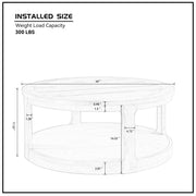 Dimensional specification diagram of a large circle coffee table detailing 40 inch diameter, 17.52 inch assembled height, and dual tier storage clearances.