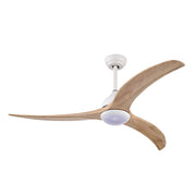 Minimalist 52 inch matte white indoor outdoor ceiling fan with light and 3 solid wood sycamore blades.
