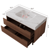Technical size dimension layout blueprint for 35.40 by 19.70 by 31.50 inch free standing wall mounted convertible bathroom vanity.
