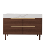 Poseidon 35.4 inch freestanding modern bathroom vanity with luxury white sintered stone top and matte black plywood cabinet on gold iron legs.