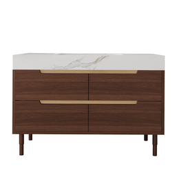 Poseidon 35.4 inch freestanding modern bathroom vanity with luxury white sintered stone top and matte black plywood cabinet on gold iron legs.