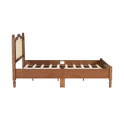 Full Size Wooden Platform Bed with Natural Rattan Headboard
