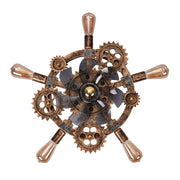 Direct underside view of a ZEUSFULLY 19.6 inch steampunk caged ceiling fan with 5 radial light sockets and a central smoke-tinted 7-blade turbine.