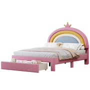Full Size Upholstered Velvet Princess Bed with Rainbow Headboard and Storage Drawer