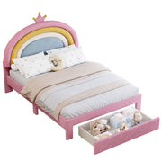 Full Size Upholstered Velvet Princess Bed with Rainbow Headboard and Storage Drawer