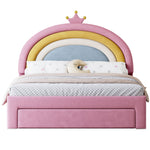 full size upholstered velvet princess bed frame with rainbow headboard in pink
