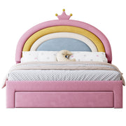 full size upholstered velvet princess bed frame with rainbow headboard in pink