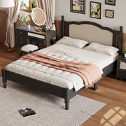 modern minimalist black wooden queen bed frame styled in modern boho room