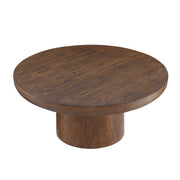 ZEUSFULLY 35.98 inch round coffee table with a brown oak wood veneer tabletop and thick cylindrical legs.