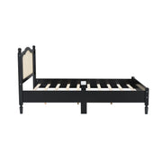 Queen Wooden Platform Bed with Natural Rattan Headboard