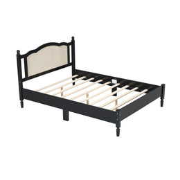 queen size wooden platform bed frame with natural rattan headboard