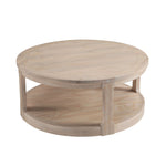Bottom structural view of a traditional round wood coffee table highlighting the 4 heavy duty caster wheels installed under the solid frame for easy mobility.