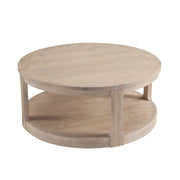 Bottom structural view of a traditional round wood coffee table highlighting the 4 heavy duty caster wheels installed under the solid frame for easy mobility.