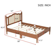 Full Size Wooden Platform Bed with Natural Rattan Headboard