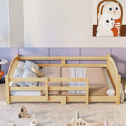 Full Montessori Floor Bed with Guardrails, Solid Wood Kids Bed Frame with Slats – Safe Low Profile Bed for Toddlers & Kids