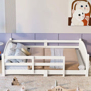 Full Montessori Floor Bed with Guardrails, Solid Wood Kids Bed Frame with Slats – Safe Low Profile Bed for Toddlers & Kids