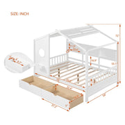 Full Size House Bed with Storage Drawers & Shelf, Solid Wood Kids Bed Frame with Roof Design for Safe Sleep & Organized Space