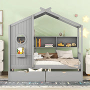 Full Size House Bed with Storage Drawers & Shelf, Solid Wood Kids Bed Frame with Roof Design for Safe Sleep & Organized Space
