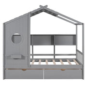 Twin House Bed with Storage Drawers & Shelf, Solid Wood Kids Bed Frame with Roof Design for Safe Sleep & Organized Space