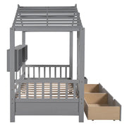 Twin House Bed with Storage Drawers & Shelf, Solid Wood Kids Bed Frame with Roof Design for Safe Sleep & Organized Space