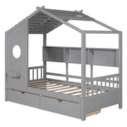 Full Size House Bed with Storage Drawers & Shelf, Solid Wood Kids Bed Frame with Roof Design for Safe Sleep & Organized Space