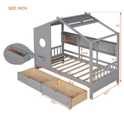Twin House Bed with Storage Drawers & Shelf, Solid Wood Kids Bed Frame with Roof Design for Safe Sleep & Organized Space
