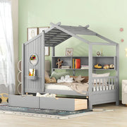 Full Size House Bed with Storage Drawers & Shelf, Solid Wood Kids Bed Frame with Roof Design for Safe Sleep & Organized Space