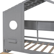 Twin House Bed with Storage Drawers & Shelf, Solid Wood Kids Bed Frame with Roof Design for Safe Sleep & Organized Space