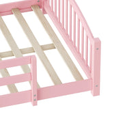 Full Montessori Floor Bed with Guardrails, Solid Wood Kids Bed Frame with Slats – Safe Low Profile Bed for Toddlers & Kids