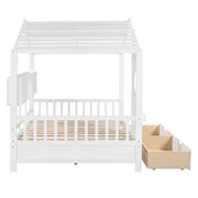 Full Size House Bed with Storage Drawers & Shelf, Solid Wood Kids Bed Frame with Roof Design for Safe Sleep & Organized Space