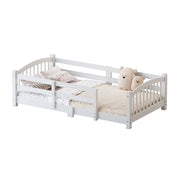 Twin Montessori Floor Bed — Solid Wood Frame with Safety Guardrails, Low-Profile Bed for Kids, Easy Access & Stable Slat Support (350 lbs Capacity)