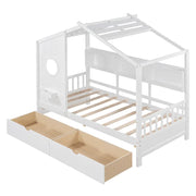 Kids house bed with shelf and drawers