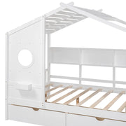 Full Size House Bed with Storage Drawers & Shelf, Solid Wood Kids Bed Frame with Roof Design for Safe Sleep & Organized Space
