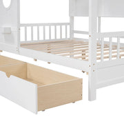 Full Size House Bed with Storage Drawers & Shelf, Solid Wood Kids Bed Frame with Roof Design for Safe Sleep & Organized Space