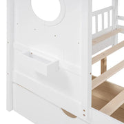 Full Size House Bed with Storage Drawers & Shelf, Solid Wood Kids Bed Frame with Roof Design for Safe Sleep & Organized Space